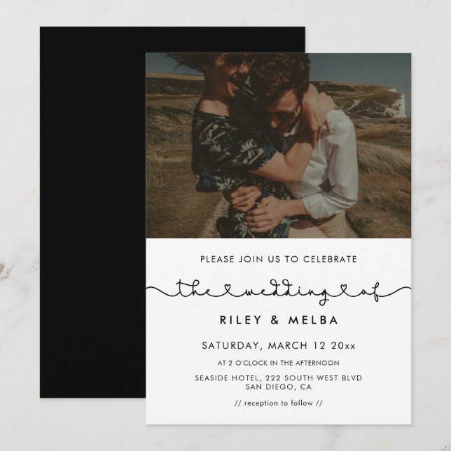 Cute connecting heart font wedding photo invitation (Front/Back)