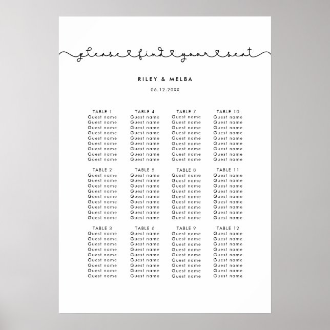 Cute connecting heart font wedding seating chart (Front)
