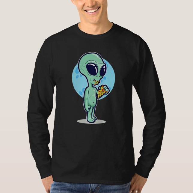 Cute Conspiracy Theory UFO Alien Eating Pizza T-Shirt (Front)
