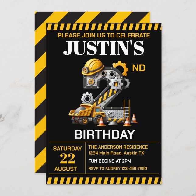 Cute Construction 2nd Birthday Party Invitation (Front/Back)