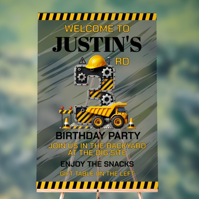 Cute Construction 3rd Birthday Party Acrylic Sign (Neutral)