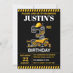 Cute Construction 3rd Birthday Party Invitation