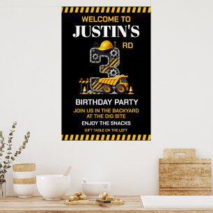 Cute Construction 3rd Birthday Party Poster