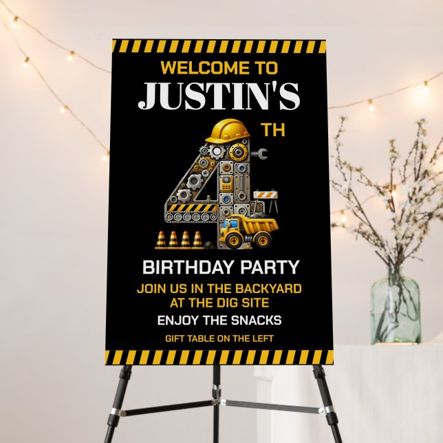 Cute Construction 4th Birthday Party Foam Board (In Situ (Stand))