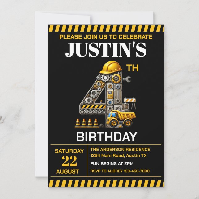 Cute Construction 4th Birthday Party Invitation (Front)