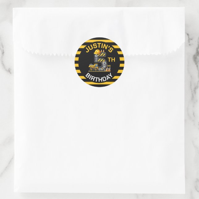 Cute Construction 5th Birthday Classic Round Sticker (Bag)