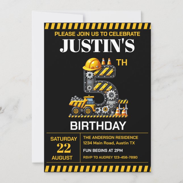 Cute Construction 5th Birthday Party Invitation (Front)