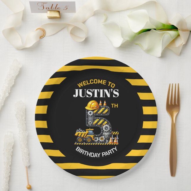 Cute Construction 5th Birthday Party Paper Plates (Wedding)