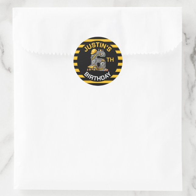 Cute Construction 6th Birthday Classic Round Sticker (Bag)