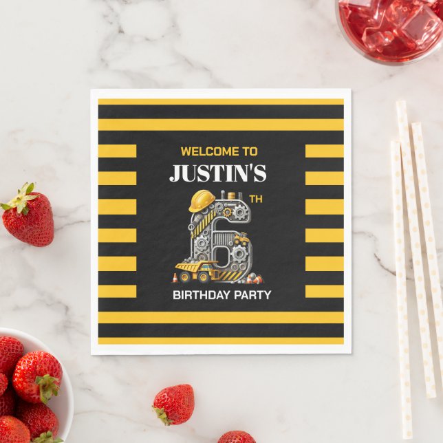 Cute Construction 6th Birthday Party Paper Plates Napkins (Insitu)