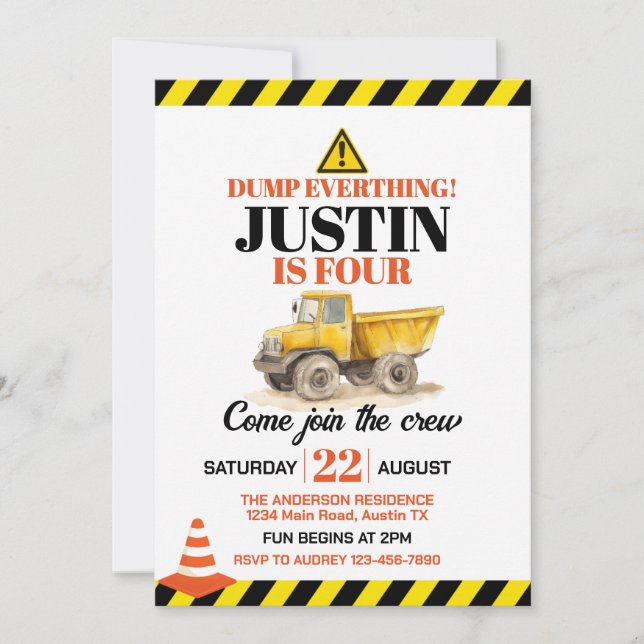 Cute Construction Any Age Birthday Party Invitation (Front)