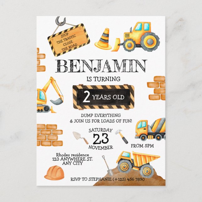 Cute Construction Birthday Boy Birthday Party Postcard (Front)