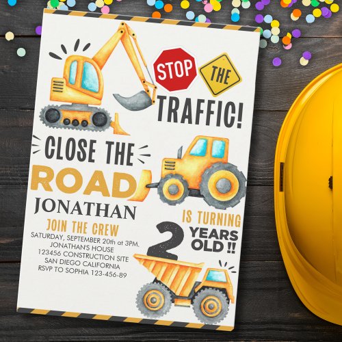 Cute Construction Birthday Party 2th Years Invitation