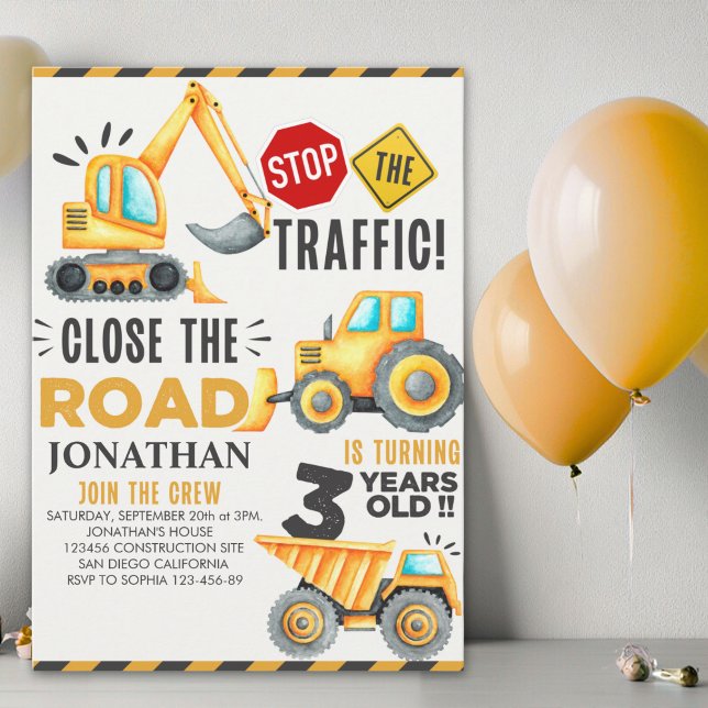 Cute Construction Birthday Party 3th Years Invitation (Creator Uploaded)
