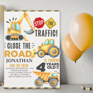 Cute Construction Birthday Party 4th Years Invitation