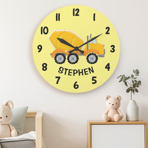 Cute Construction Cement Truck Boys Bedroom Wall Large Clock
