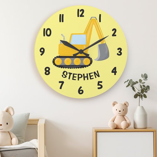 Cute Construction Claw Digger Boys Bedroom Wall Large Clock