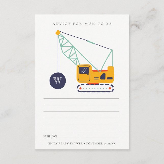 Cute Construction Crane Advice For Mum Baby Shower Enclosure Card (Front)