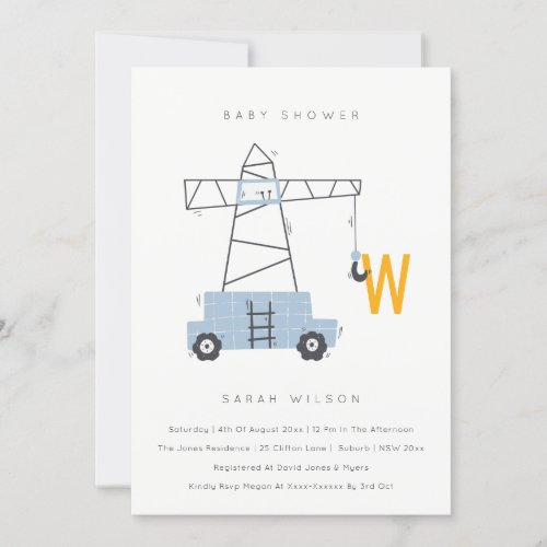 Cute Construction Crane Boys Baby Shower Invite