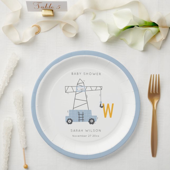 Cute Construction Crane Boy's Urban Baby Shower Paper Plates (Wedding)