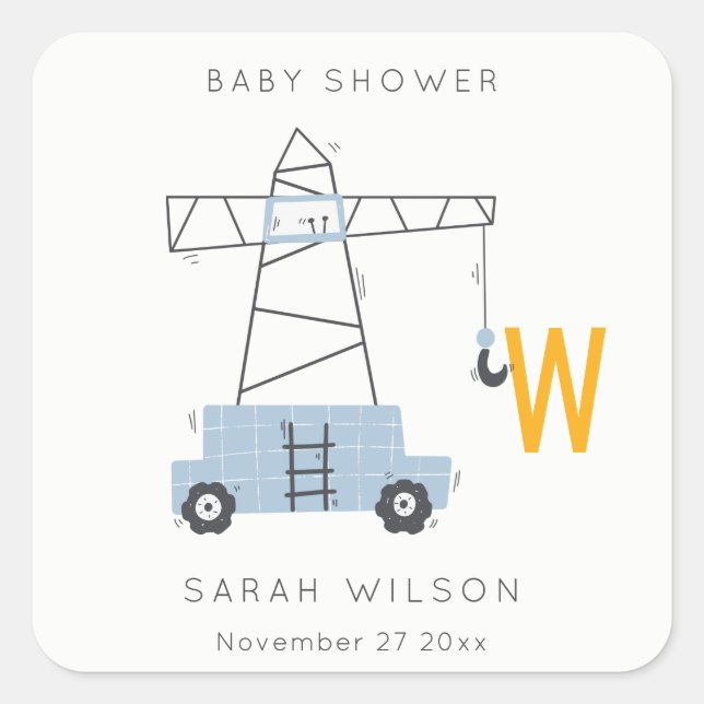 Cute Construction Crane Boy's Urban Baby Shower Square Sticker (Front)
