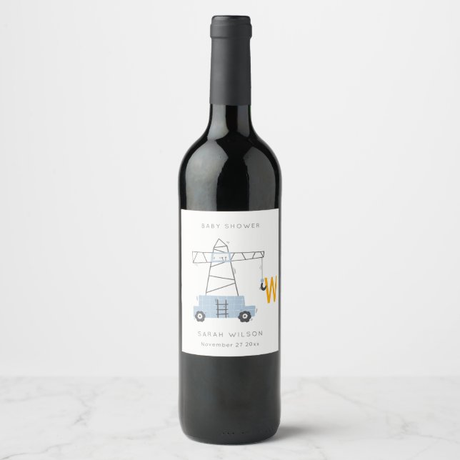 Cute Construction Crane Boy's Urban Baby Shower Wine Label (Front)