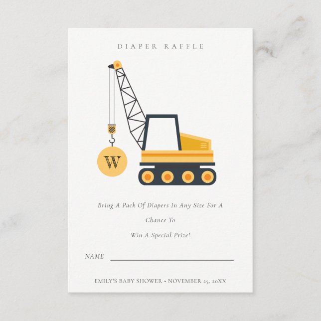 Cute Construction Crane Diaper Raffle Baby Shower Enclosure Card (Front)