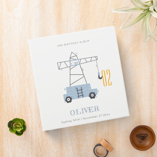 Cute Construction Crane Kids Any Age Birthday 3 Ring Binder (In Situ)
