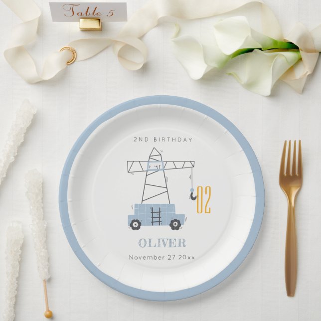 Cute Construction Crane Kids Any Age Birthday Paper Plates (Wedding)