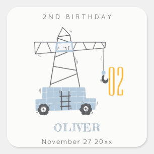 Cute Construction Crane Kids Any Age Birthday Square Sticker