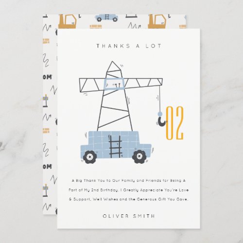 Cute Construction Crane Kids Any Age Birthday  Thank You Card