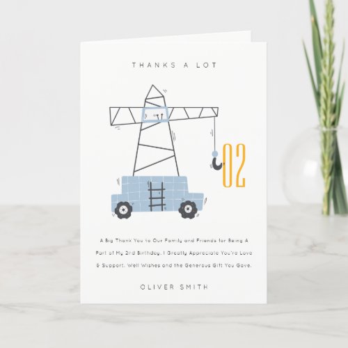 Cute Construction Crane Kids Any Age Birthday Thank You Card