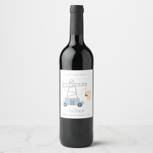 Cute Construction Crane Kids Any Age Birthday  Wine Label (Front)