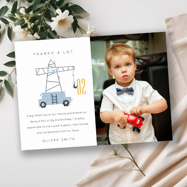 Cute Construction Crane Photo Any Age Birthday Thank You Card (Creator Uploaded)