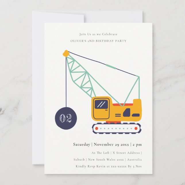 Cute Construction Crane Vehicle Any Age Birthday Invitation (Front)