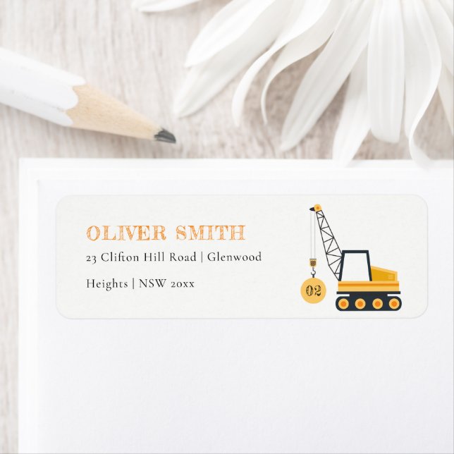 Cute Construction Crane Vehicle Any Age Birthday Label (Insitu)