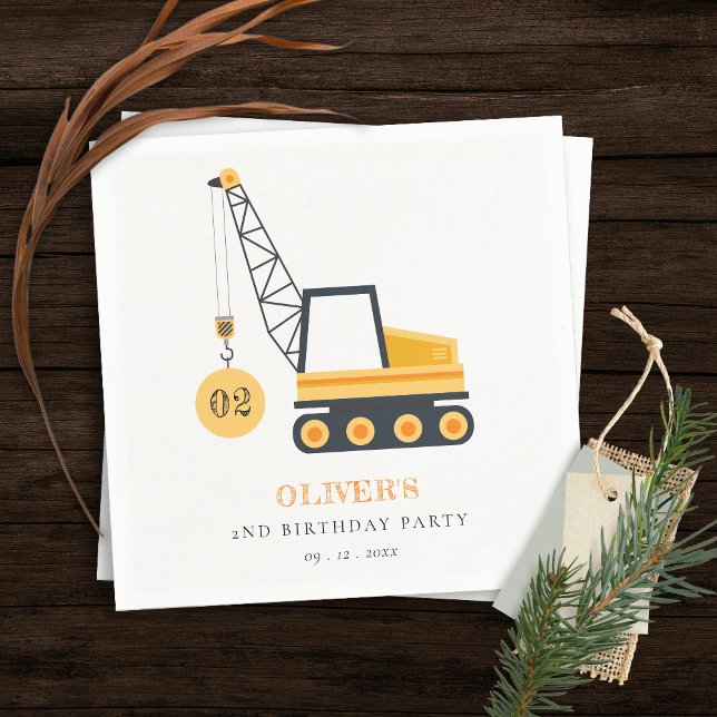 Cute Construction Crane Vehicle Any Age Birthday Napkins (Creator Uploaded)