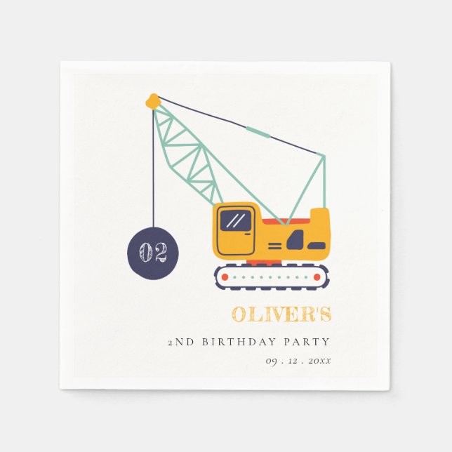 Cute Construction Crane Vehicle Any Age Birthday Napkins (Front)