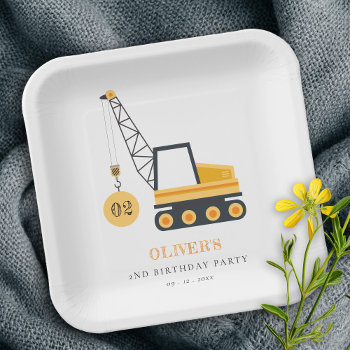 Cute Construction Crane Vehicle Any Age Birthday  Paper Plates by YellowFebPaperie at Zazzle
