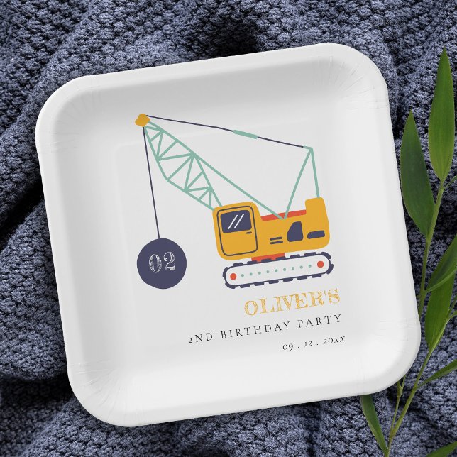 Cute Construction Crane Vehicle Any Age Birthday Paper Plates (Creator Uploaded)