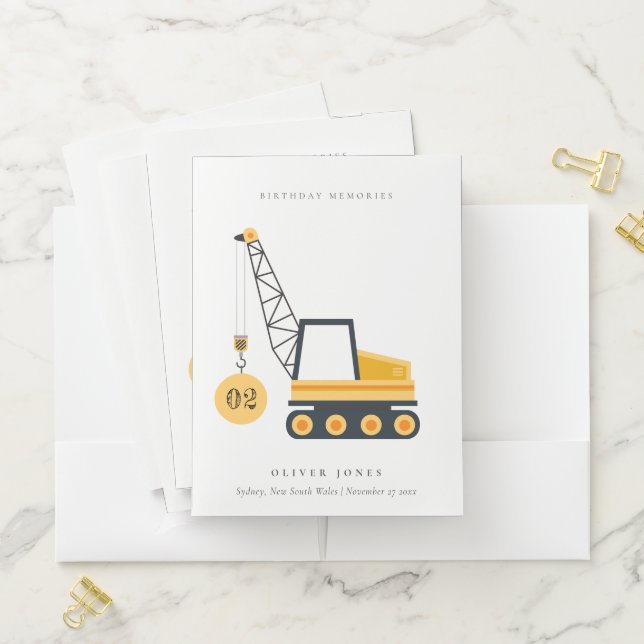 Cute Construction Crane Vehicle Any Age Birthday Pocket Folder (In Situ)