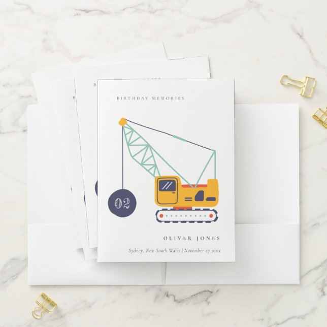 Cute Construction Crane Vehicle Any Age Birthday Pocket Folder (In Situ)