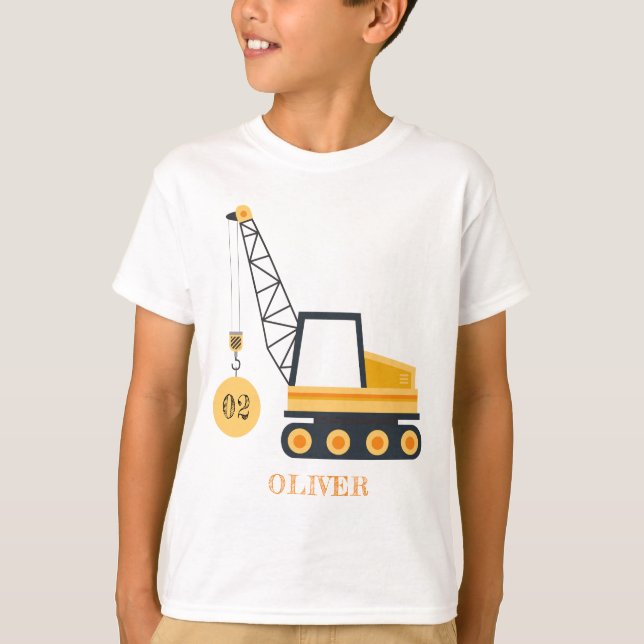 Cute Construction Crane Vehicle Any Age Birthday T-Shirt (Front)