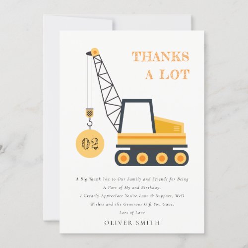 Cute Construction Crane Vehicle Any Age Birthday Thank You Card