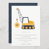 Cute Construction Crane Vehicle Baby Shower Thank You Card (Front/Back)