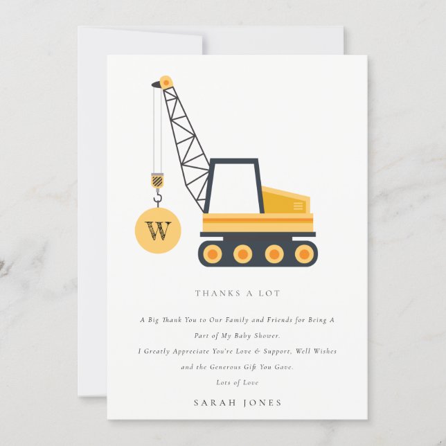 Cute Construction Crane Vehicle Baby Shower Thank You Card (Front)