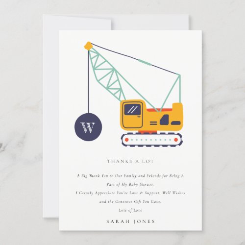 Cute Construction Crane Vehicle Baby Shower Thank You Card