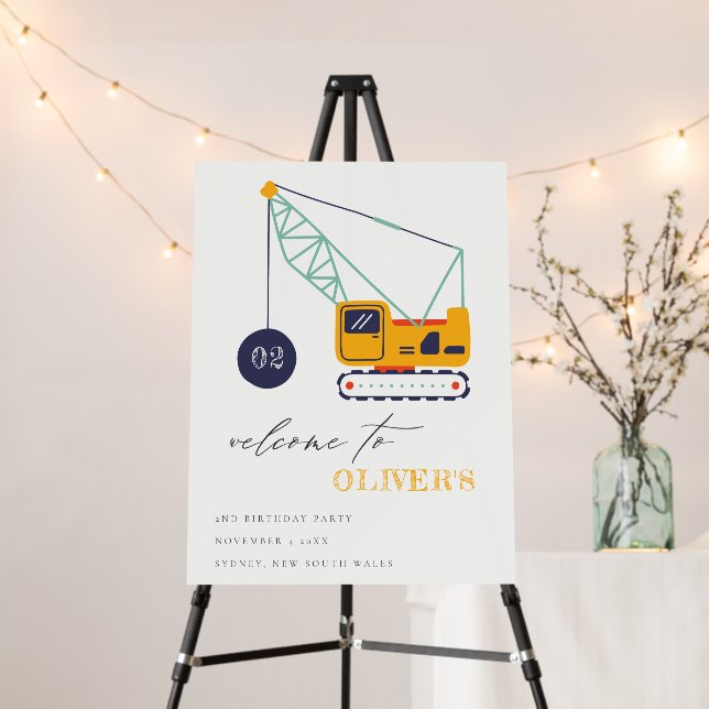 Cute Construction Crane Vehicle Birthday Welcome F Foam Board (In Situ (Stand))