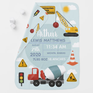 Cute Construction Digger Baby Boy Birth Stats Blanket