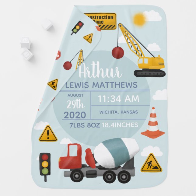 Cute Construction Digger Baby Boy Birth Stats Blanket (In Situ)
